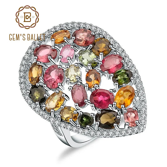 GEM'S BALLET 5.21Ct Colorful Natural Tourmaline Gemstone Ring Solid 925 Sterling Silver Gemstone Fashion Jewelry For Women