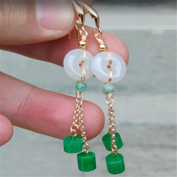 Elegant Natural white green jade Earrings Ping Buckle 18KGP Teens Dangle Beaded Women Gemstone Party Hoop Clip-on Meisje