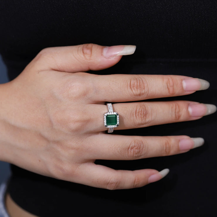 GEM'S BALLET Art Deco Onyx Ring with 2.2Ct Natural Green Agate – Vintage Elegance