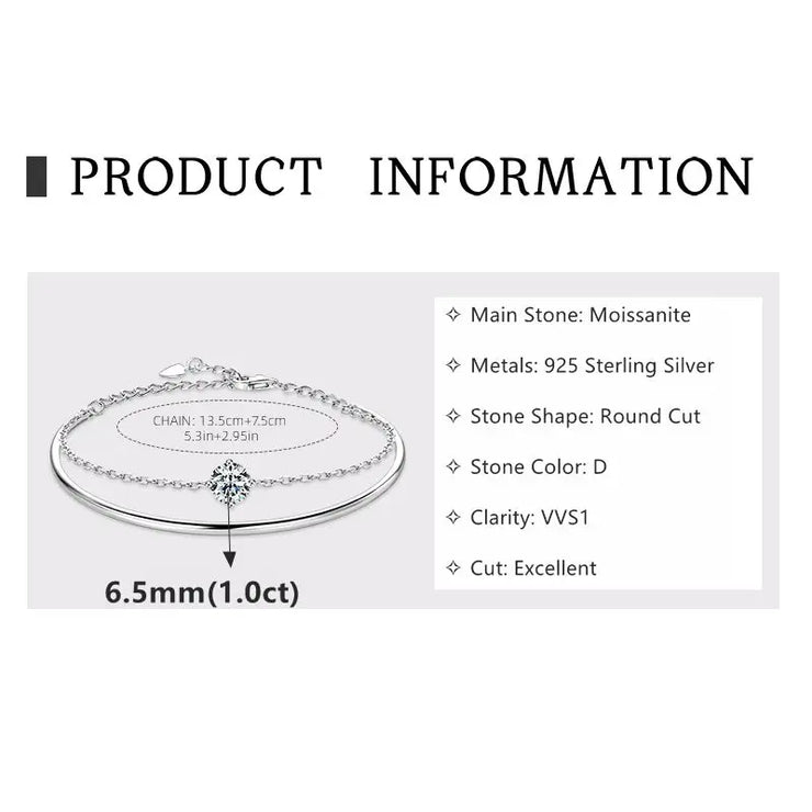 RAPRGOLD 1ct Moissanite Bracelet for Women S925 Sterling Silver Double Chain Adjustable Cuff Bracelets Wristband Wedding Jewelry