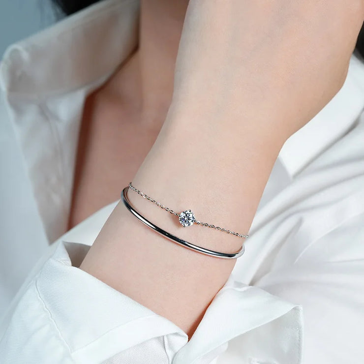 RAPRGOLD 1ct Moissanite Bracelet for Women S925 Sterling Silver Double Chain Adjustable Cuff Bracelets Wristband Wedding Jewelry