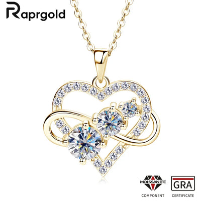 RAPRGOLD GRA Certified Moissanite Infinite Love Heart Pendant Necklace 925 Sterling Silver for Women Fine Jewelry Gifts cadena