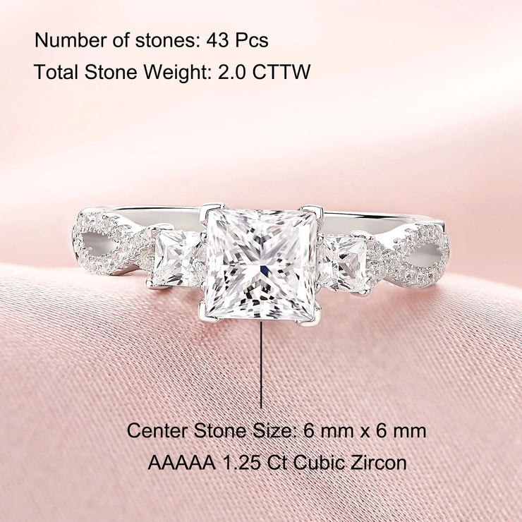 Newshe Genuine 925 Sterling Silver Three Princess Cut AAAAA CZ Infinite Engagement Rings for Women Fine Wedding Jewelry