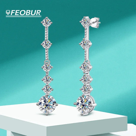 FEOBUR 3CT Moissanite Drop Earrings - 925 Silver