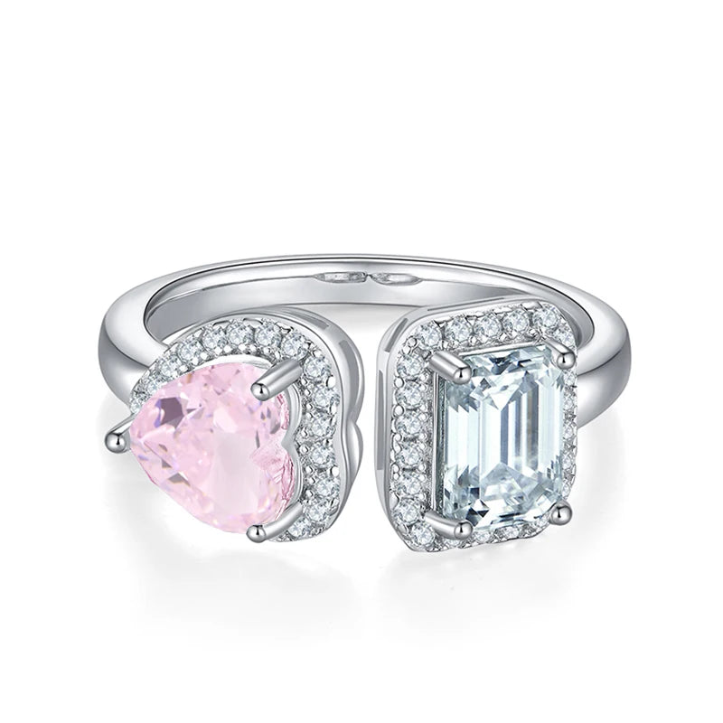 GEM'S BALLET Toi Et Moie Ring Heart High Carbon Diamond Emerald Cut Moissanite Engagement Rings in 925 Sterling Silver