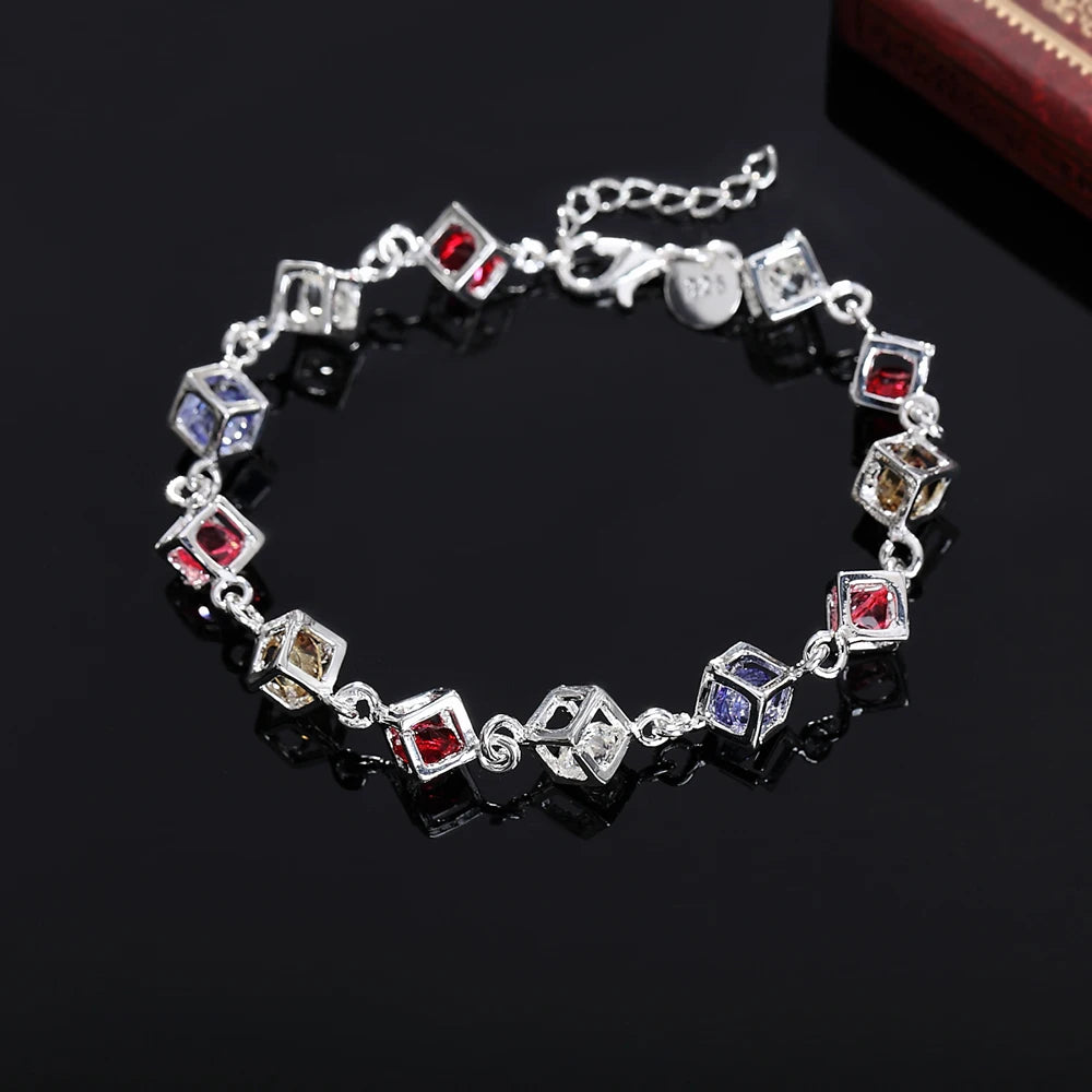 925 Sterling Silver Bracelets Women Lady Wedding Gift Jewelry Fashion Charm Colorful Zircon Crystal Bracelet Free Shipping