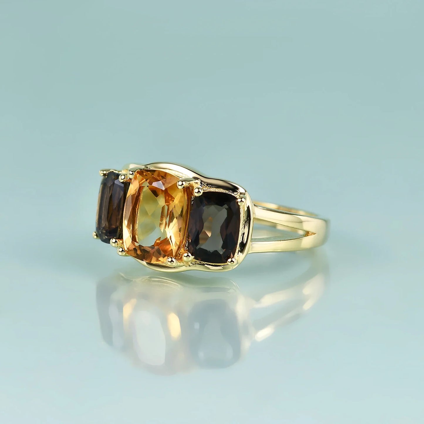 GEM'S BALLET 925 Sterling Silver Natural Smoky Quartz Citrine Three-Stone Engagement Ring Gift For Her Trending Gold Jewelry