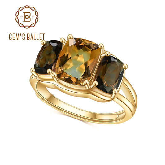 GEM'S BALLET 925 Sterling Silver Natural Smoky Quartz Citrine Three-Stone Engagement Ring Gift For Her Trending Gold Jewelry