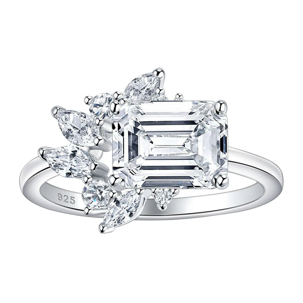 Newshe 925 Sterling Silver East To West Ring Emerald Cut Solitaire Wedding Engagement Rings for Women 5A Cubic Zirconia Jewelry