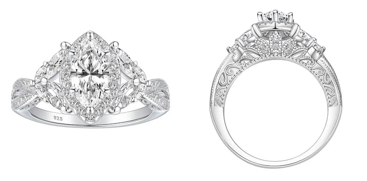 Newshe Glamorous 925 Silver Engagement Rings for Women Art Deco Halo Marquise Cubic Zircon Simulated Diamond Wedding Jewelry