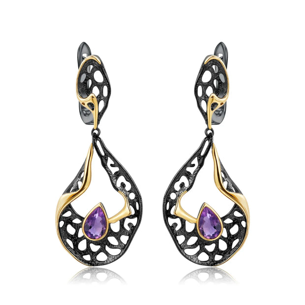 GEM'S BALLET 925 Sterling Silver Gemstones Fine Jewelry 0.76Ct Natural Amethyst Handmade Hollow Element Drop Earrings for Women