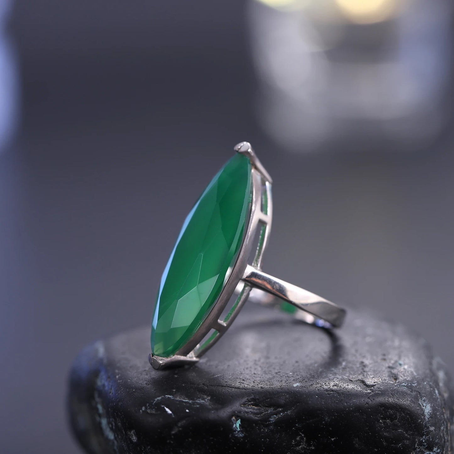 Marquise Shape Natural Green Agate Gemstone Ring 925 Sterling Silver