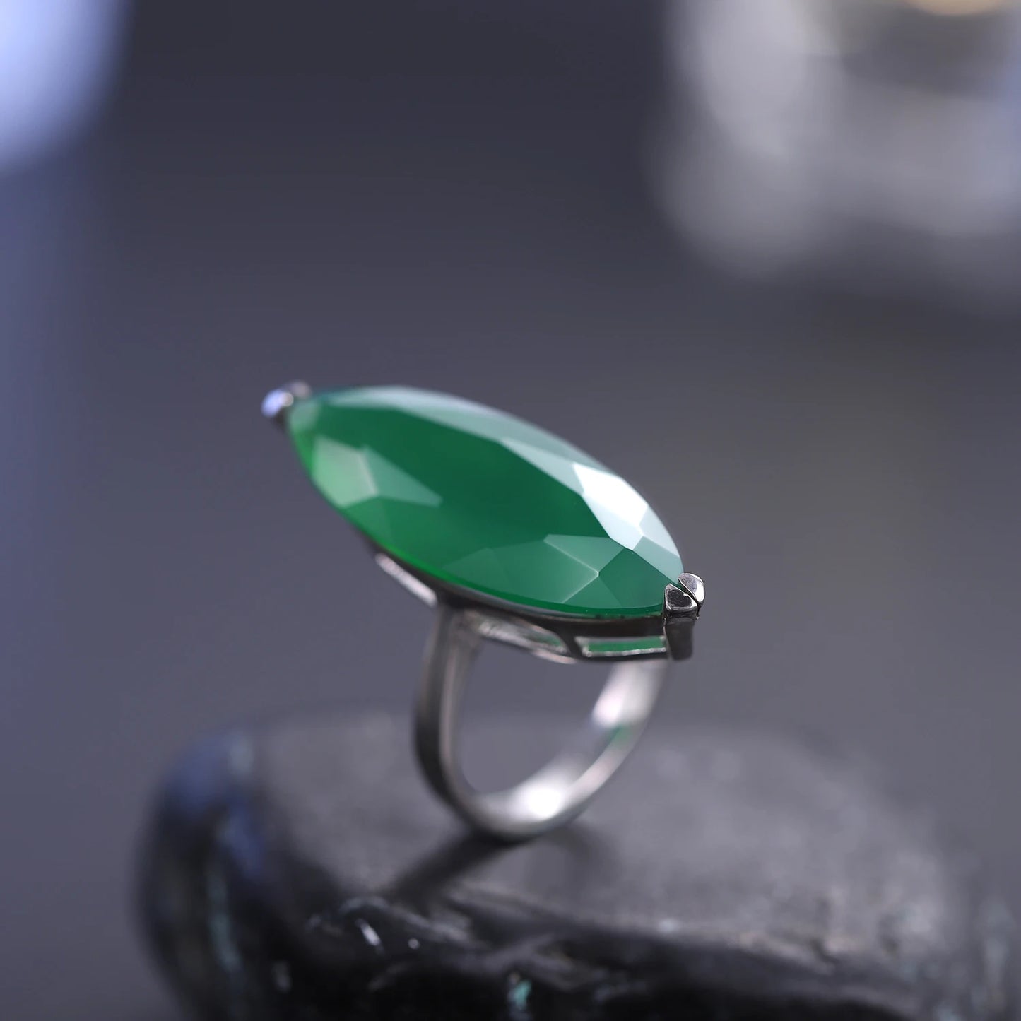 Marquise Shape Natural Green Agate Gemstone Ring 925 Sterling Silver