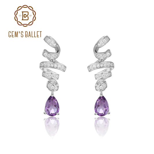 GEM'S BALLET Ribbon Swirl Earrings 5x7mm Pear Shape Natural Amethyst Gemstone Drop Earrings in 925 Stering SIlver Gift For Her