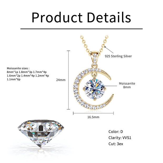 RAPRGOLD 8mm Round Moissanite Ladies Pendant Necklace 925 Sterling Silver Fashion Sun Moon Necklaces for Women Jewelry Gift