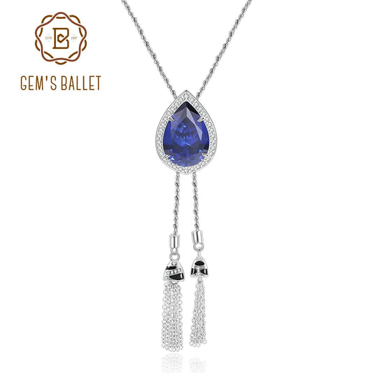 Tiger Element Necklace Pear Blue Sapphire Bolo Tassel Necklace in 925 Sterling Silver