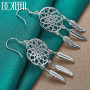 DOTEFFIL 925 Sterling Silver Fine Dream Catcher Feathers Earrings for Woman Fashion Designer Party Wedding Jewelry Gifts