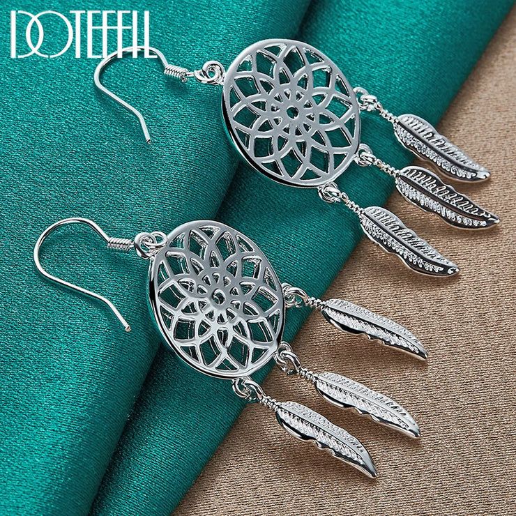 DOTEFFIL 925 Sterling Silver Fine Dream Catcher Feathers Earrings for Woman Fashion Designer Party Wedding Jewelry Gifts