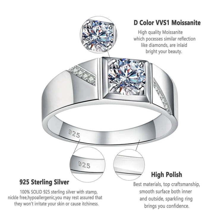 Newshe Moissanite Rings for Men 925 Sterling Silver Solitaire Round 1.0 Ct Diamond Ring Promise Wedding Band Luxury Jewelry