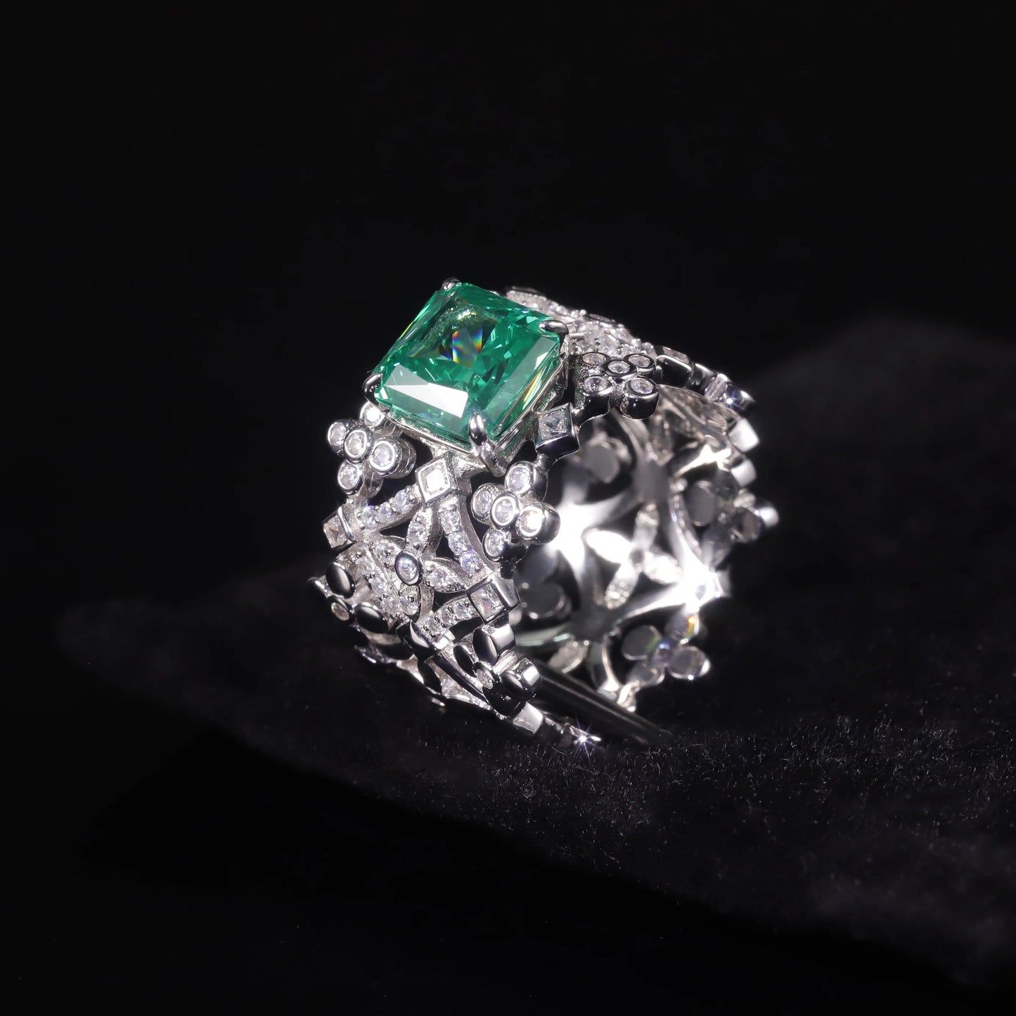 GEM'S BALLET Cut 8*8mm Paraiba Green Crushed Ice Diamond Sterling Silver Diamond Fire CZ Miligrain Ring Antique Handmade Jewelry