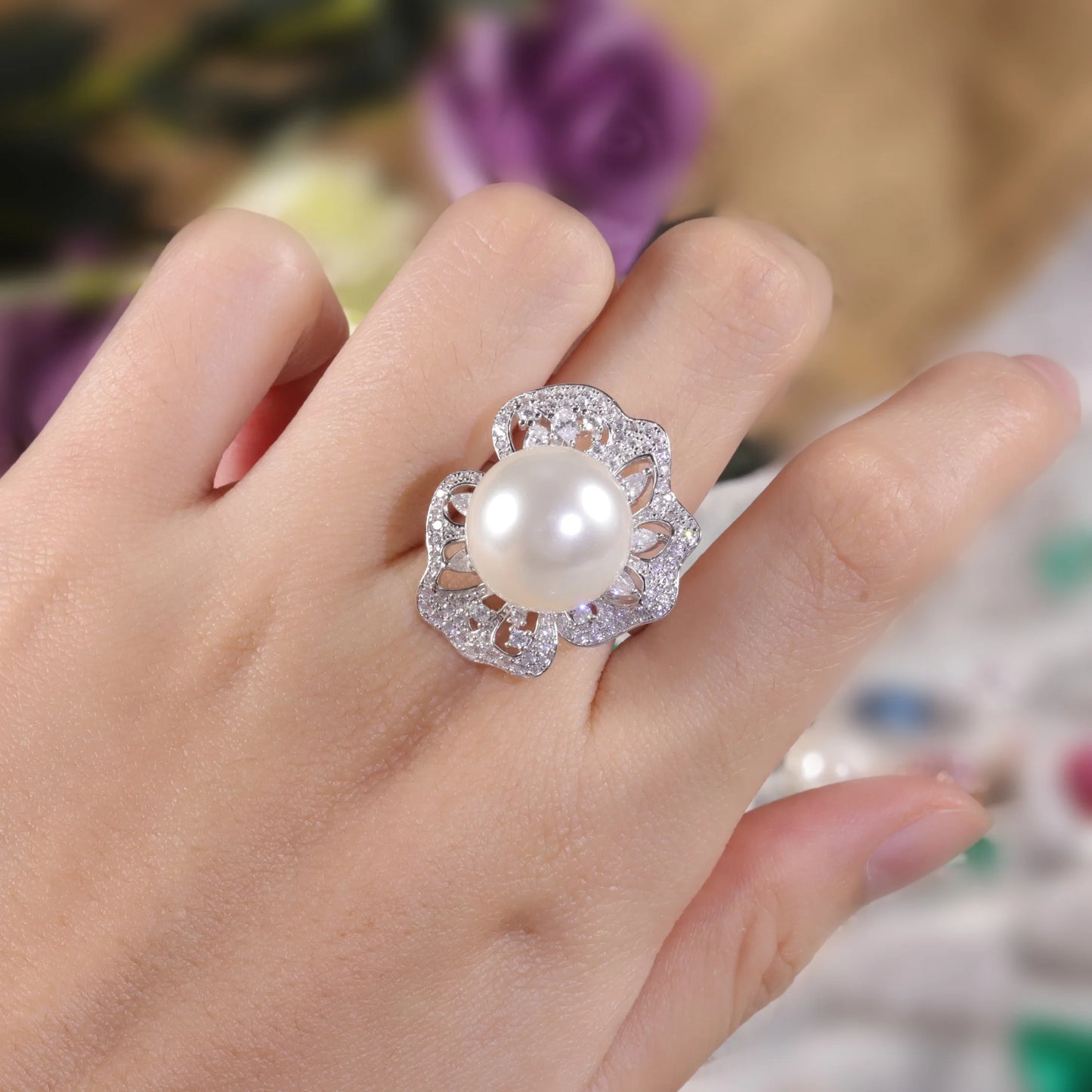 GEM'S BALLET Art deco Fresh Water Pearl  Engagement Ring 925 Sterling Silver Vintage Baguette Gatsby Wedding Ring Gift For Her