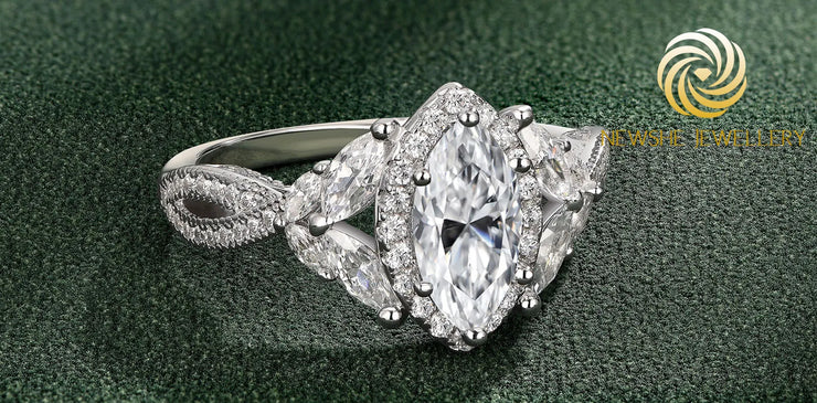 Newshe Glamorous 925 Silver Engagement Rings for Women Art Deco Halo Marquise Cubic Zircon Simulated Diamond Wedding Jewelry