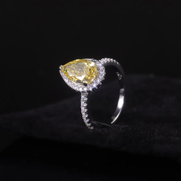 GEM'S BALLET Pear Shape Diamond-fire CZ Fancy Light Yellow Halo Engagement Ring – A Stunning Statement Piece