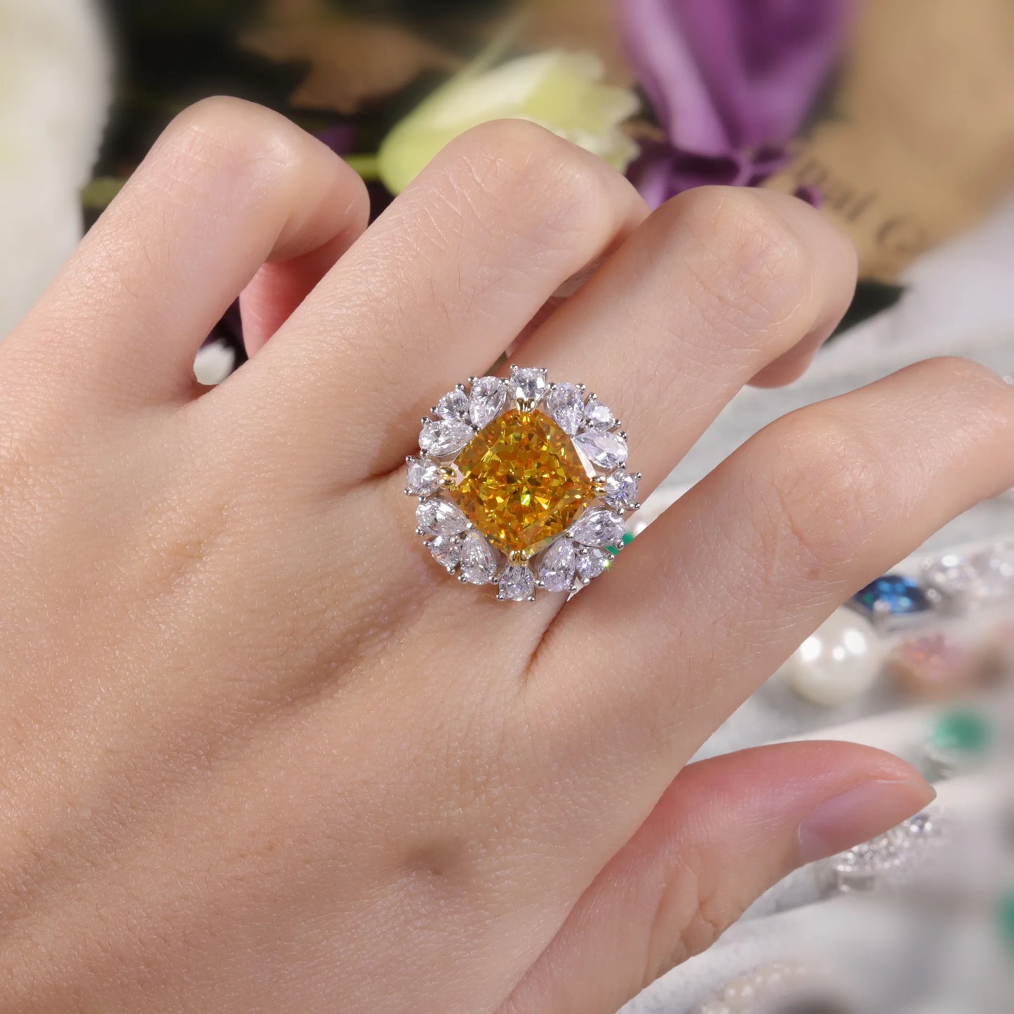 GEM'S BALLET 925 Sterling Silver Antique Style Art Deco Ring Diamond-fire CZ- Fancy Vivid Yellow Engagement Wedding Ring