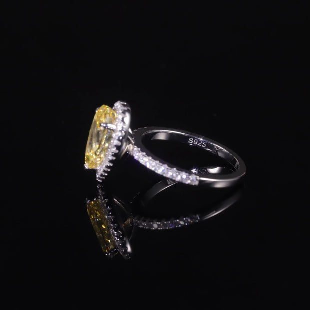 GEM'S BALLET Pear Shape Diamond-fire CZ Fancy Light Yellow Halo Engagement Ring – A Stunning Statement Piece