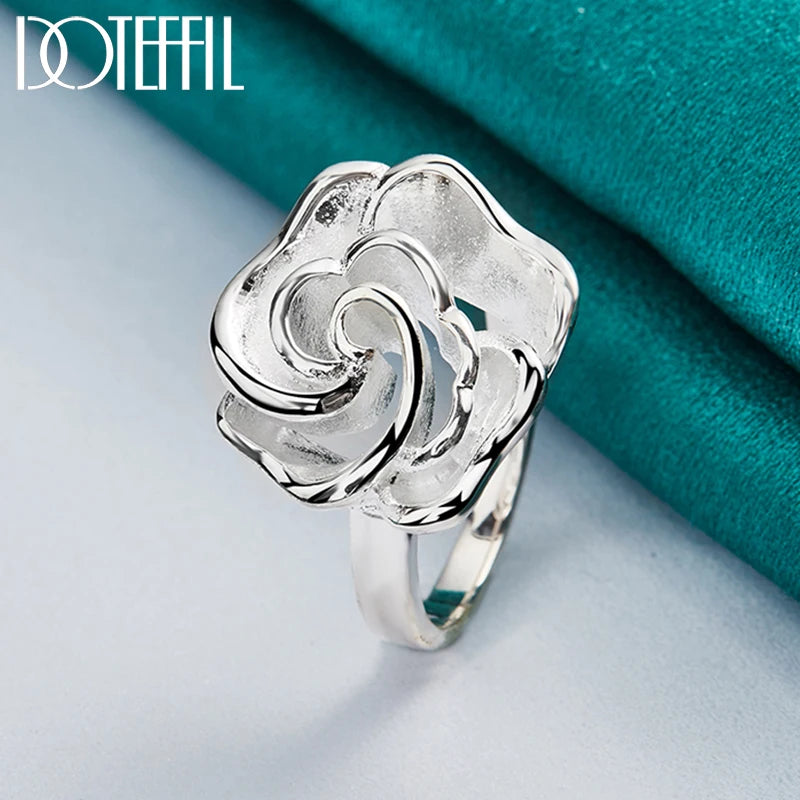 DOTEFFIL 925 Sterling Silver Rose Flower Blossoms Ring For Woman Fashion Wedding Engagement Party Gift Charm Jewelry