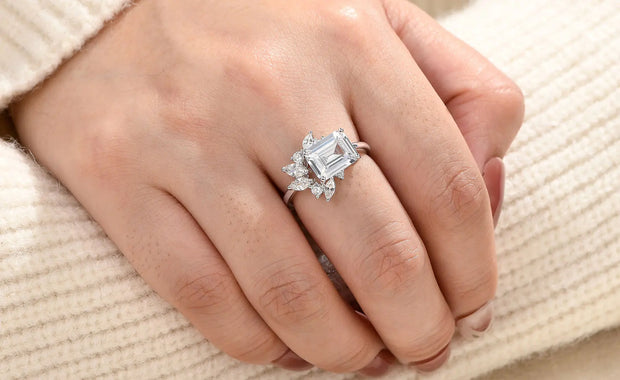 Newshe 925 Sterling Silver East To West Ring Emerald Cut Solitaire Wedding Engagement Rings for Women 5A Cubic Zirconia Jewelry