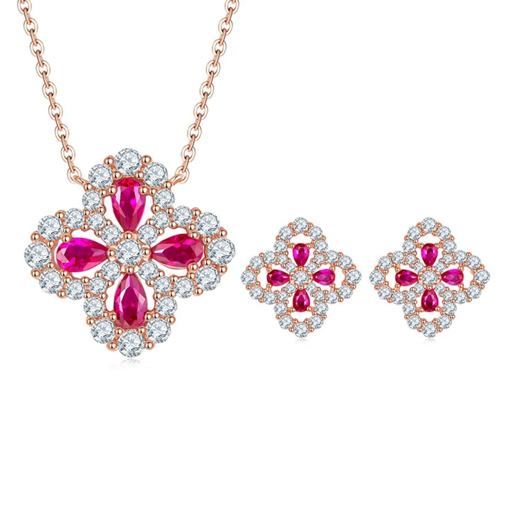 Ruby Jewelry Set – Clover Pendant & Earrings