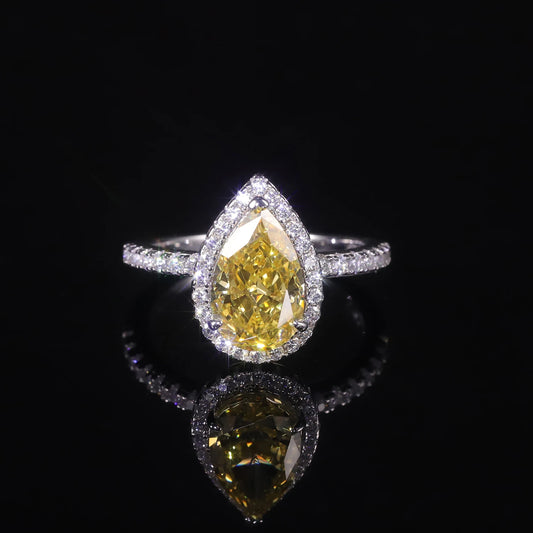 GEM'S BALLET Pear Shape Diamond-fire CZ- Fancy Light Yellow Halo Engagement Rings 925 Sterling Silver Handmade Statement Ring