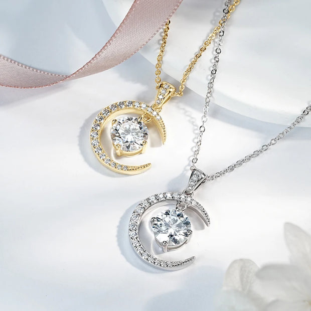 RAPRGOLD 8mm Round Moissanite Ladies Pendant Necklace 925 Sterling Silver Fashion Sun Moon Necklaces for Women Jewelry Gift