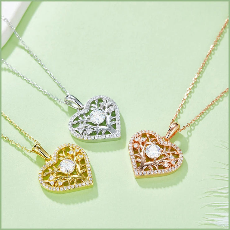 GEM'S BALLET Tree Of Life Moissanite Heart Necklace Family Tree Pendant Necklace in 925 Sterling Silver Gift For Her