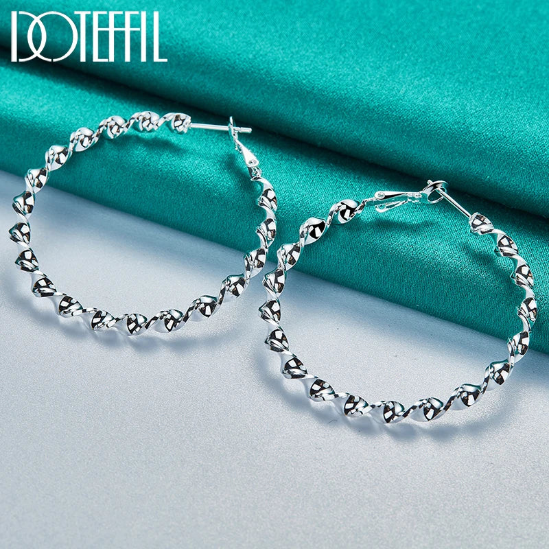 DOTEFFIL 925 Sterling Silver 45mm Circle Wave Hoop Earrings – Modern Elegance with a Unique Twist