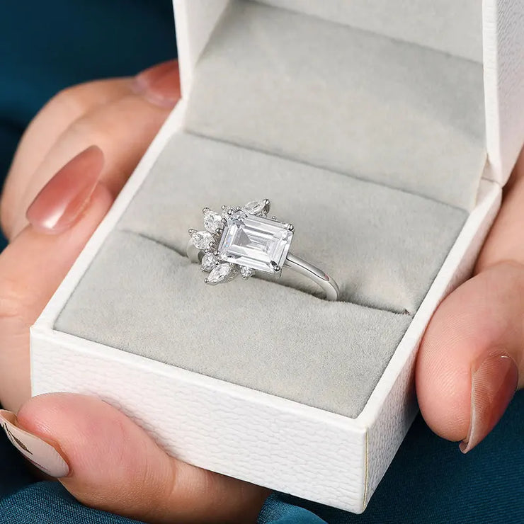 Newshe 925 Sterling Silver East To West Ring Emerald Cut Solitaire Wedding Engagement Rings for Women 5A Cubic Zirconia Jewelry