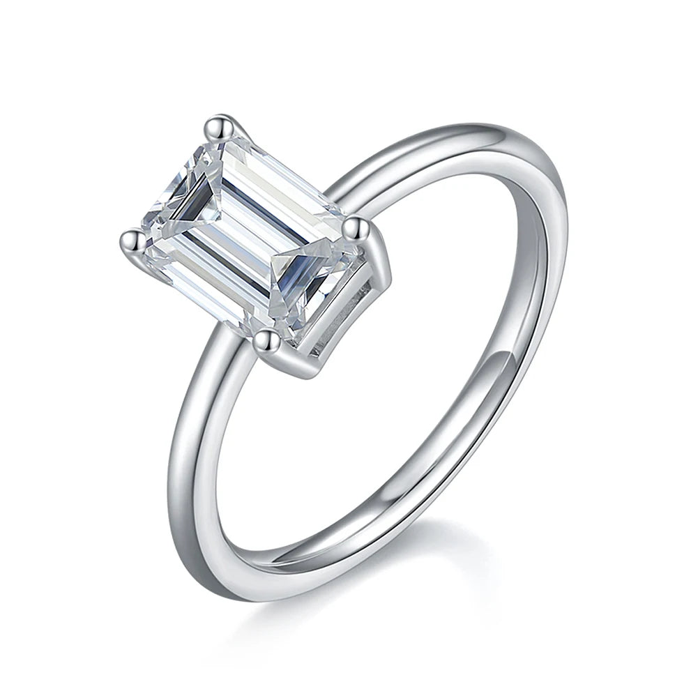 Emerald Cut Moissanite Ring in 925 Sterling Silver with 18K White Gold Plated