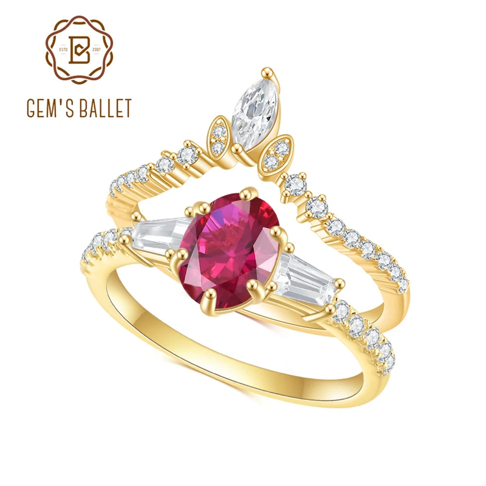 GEM'S BALLET 925 Sterling Silver Rings For Women Lab Ruby Wedding Rings Finger Luxury Oval Cut Engagement Gemstone Jewelry