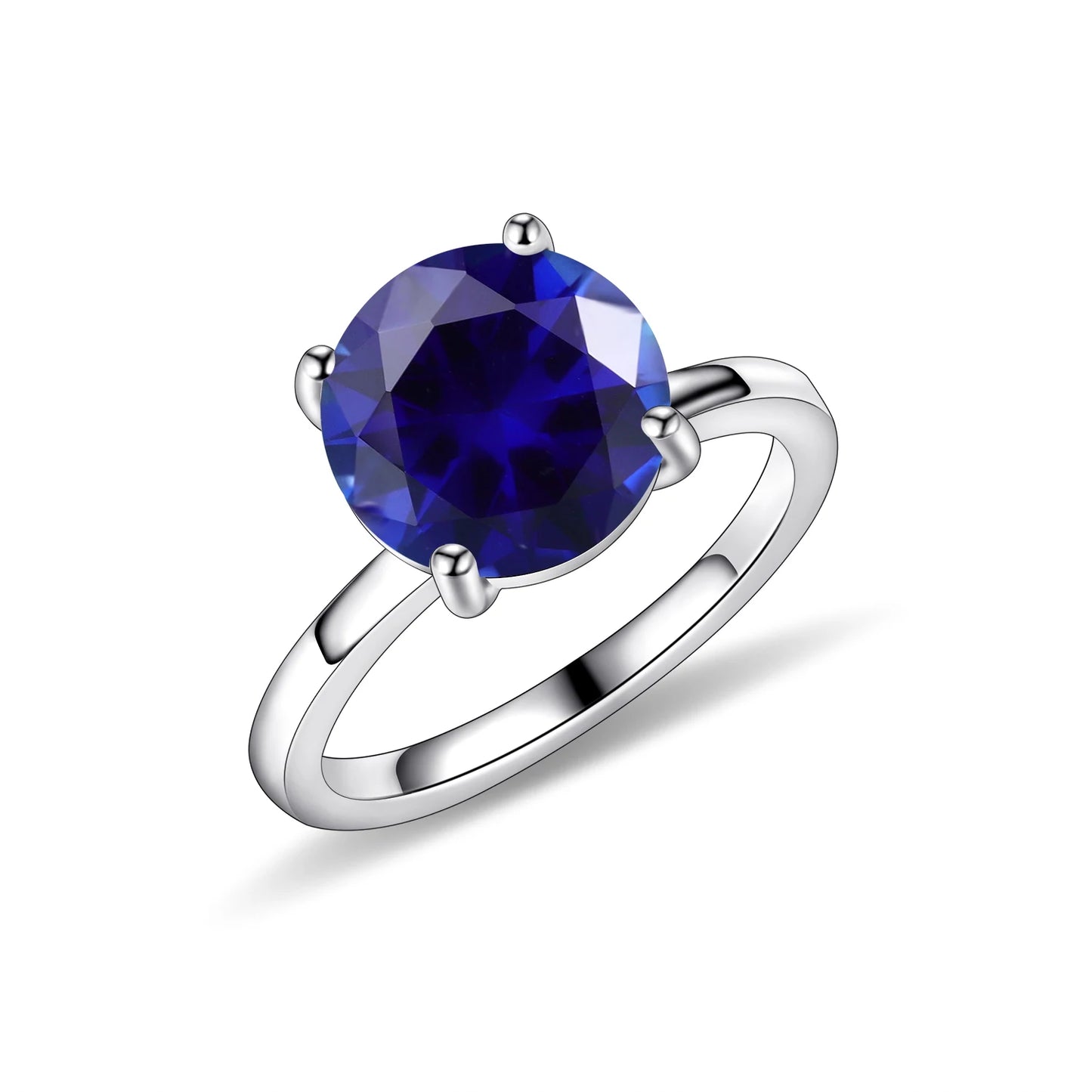 GEM'S BALLET Round Lab Blue Sapphire Four Prong Solitaire Engagement Rings 925 Sterling Silver Gemstone Ring Gift For Her