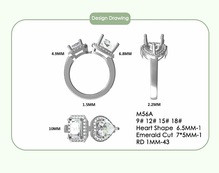 GEM'S BALLET Toi Et Moie Ring Heart High Carbon Diamond Emerald Cut Moissanite Engagement Rings in 925 Sterling Silver