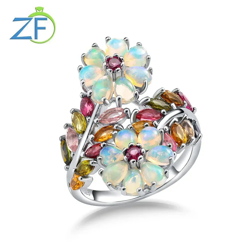 GZ ZONGFA 925 Sterling Silver Flower Ring with Natural Opal & Tourmaline