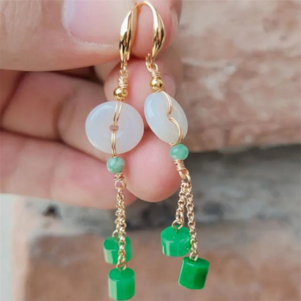 Elegant Natural white green jade Earrings Ping Buckle 18KGP Teens Dangle Beaded Women Gemstone Party Hoop Clip-on Meisje