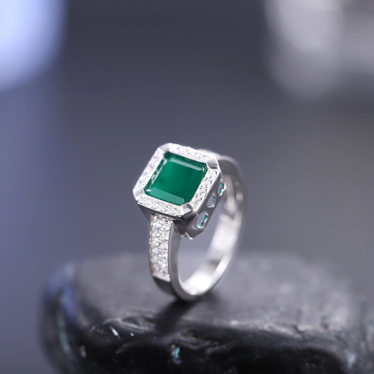 GEM'S BALLET Art Deco Onyx Ring with 2.2Ct Natural Green Agate – Vintage Elegance