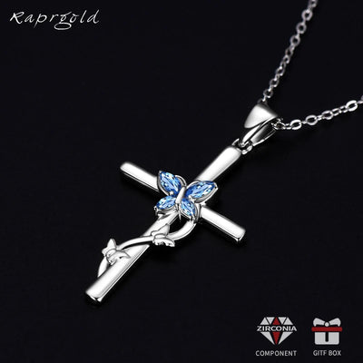 RAPRGOLD 925 Sterling Silver Butterfly Cross Necklace Marquise Cut Blue Cubic Zirconia Pendant Necklaces Fashion Jewelry Gifts