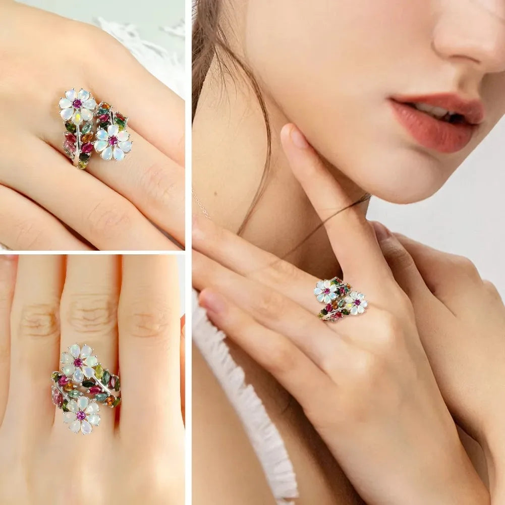 GZ ZONGFA 925 Sterling Silver Flower Ring with Natural Opal & Tourmaline