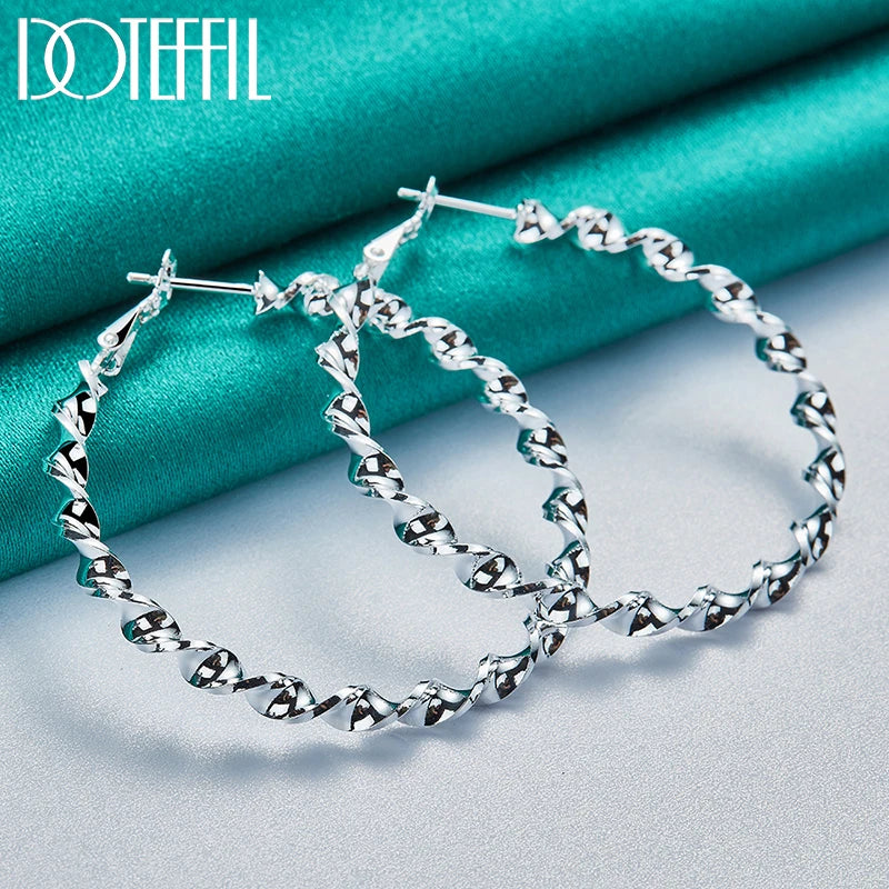 DOTEFFIL 925 Sterling Silver 45mm Circle Wave Hoop Earring For Woman Fashion Party Wedding Engagement Party Jewelry