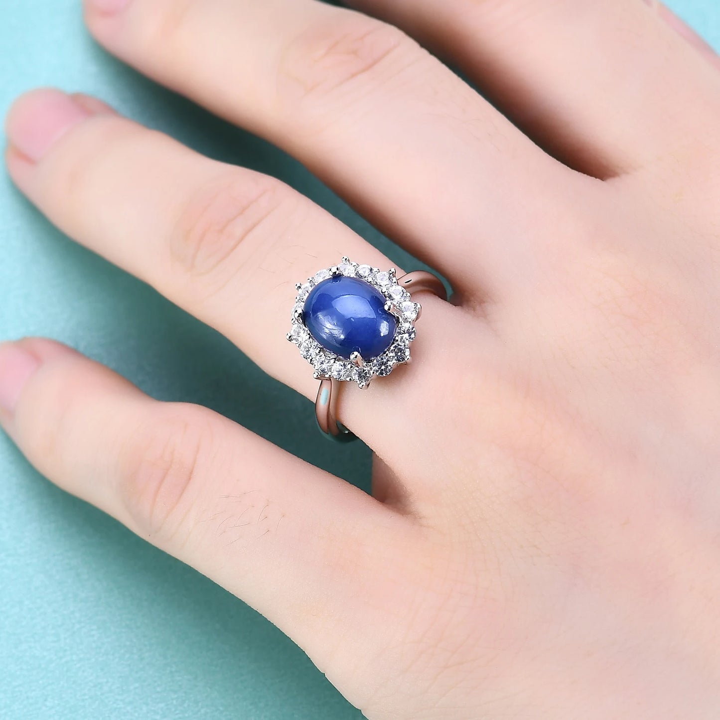 GEM'S BALLET Gemstone Cocktail Ring Lab Blue Lindy Star Sapphire Halo Engagement Rings in 925 Sterling Silver Gift For Her