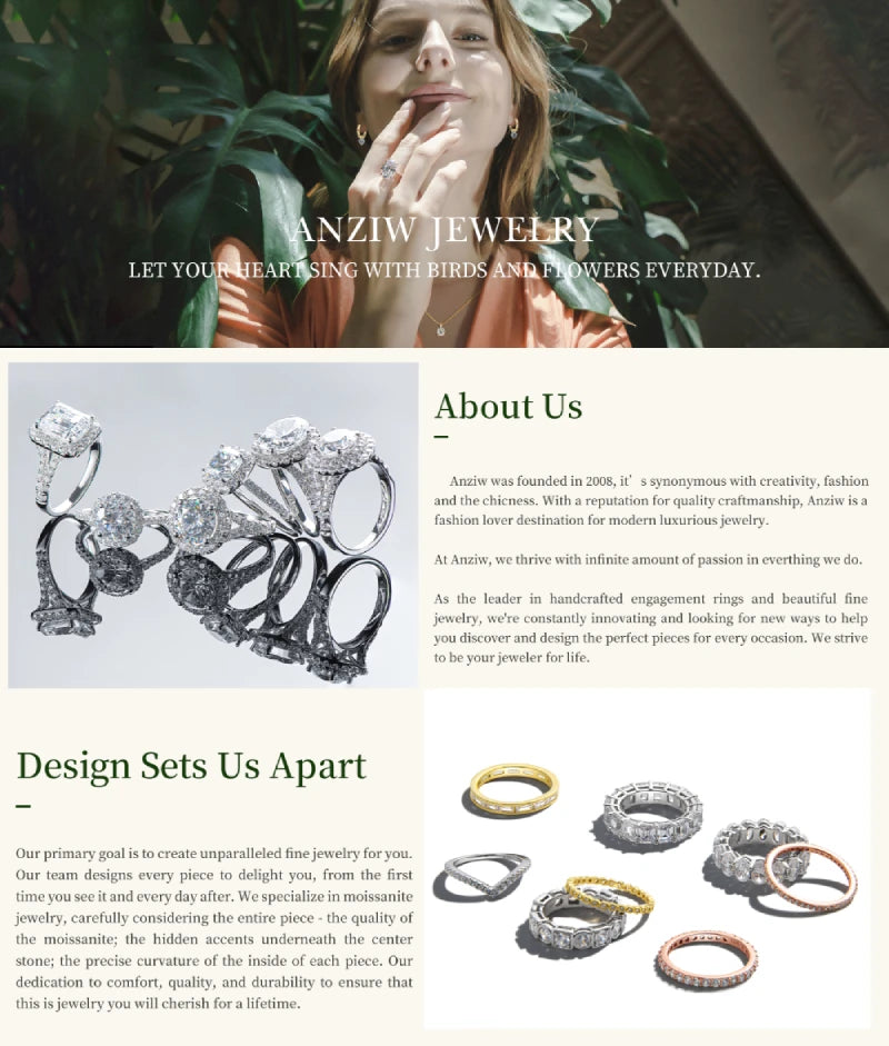 Anziw Real 2CT 8mm Round Moissanite Square Ring 925 Sterling Silver Luxury Brilliant Diamond Wedding Finger Rings Band For Women