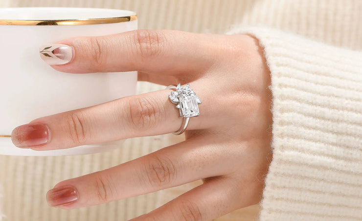 Newshe 925 Sterling Silver East To West Ring Emerald Cut Solitaire Wedding Engagement Rings for Women 5A Cubic Zirconia Jewelry